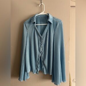 Pleated Light Blue Button-Front Blouse